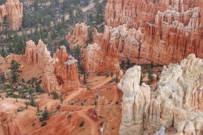 High angle landscape of orange and white spires and hoodoos in bryce canyon national park