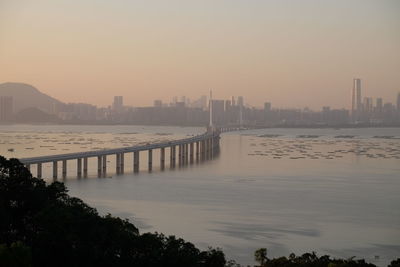 Scenic view of river by buildings against sky during sunset