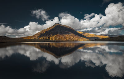 Scenic view of lake by mountains against sky