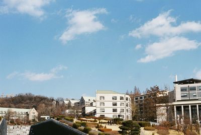 Buildings in town against blue sky