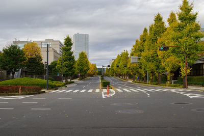 Road amidst trees and city against sky