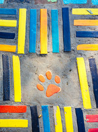 Top view on pieces of multicolored ceramic tiles decorated in garden. old pavement of tiles textured