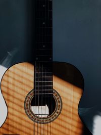 Close-up of guitar against wall