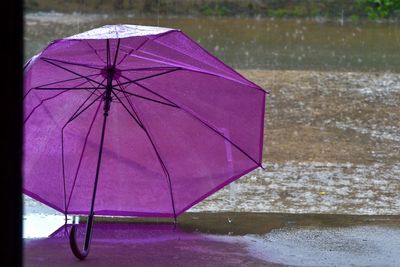 Close-up of raindrops on pink umbrella during rainy season