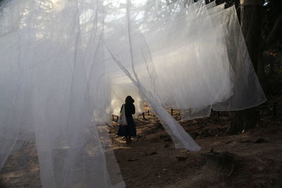 Rear view of woman amidst plastic hanging at forest