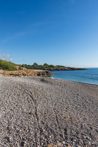 Scenic view of beach against clear blue sky