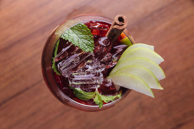 High angle view of drink on table