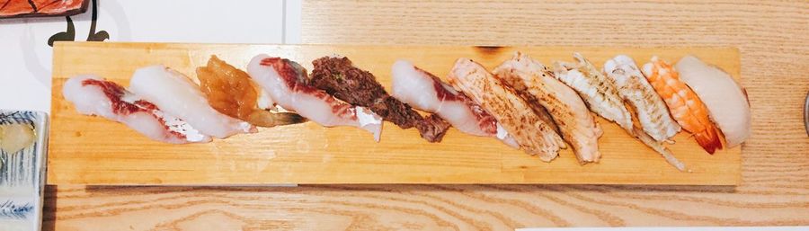 High angle view of meat on cutting board