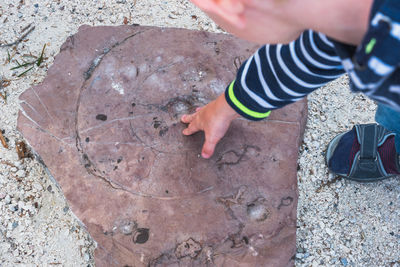 Boy touching rock