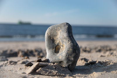 Close-up of stone on beach against sky