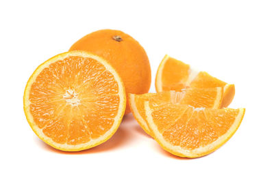 Close-up of orange slice against white background