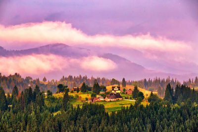 Panoramic view of trees and buildings against sky during sunset