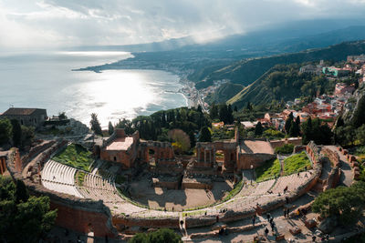 High angle view of townscape against sky