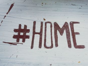 Close-up of hashtag home on wood