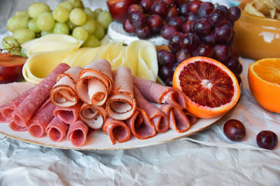 High angle view of fresh food on crumpled paper