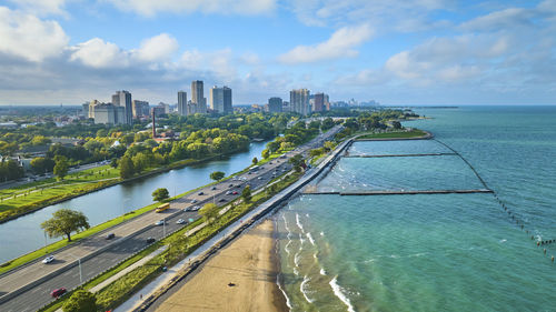 High angle view of bridge over sea against sky