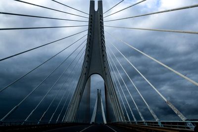 Low angle view of suspension bridge against sky