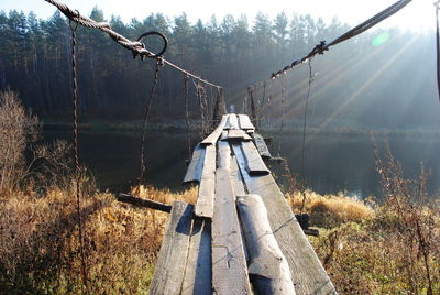 Old damaged wooden bridge over river leading towards forest on sunny day