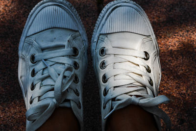 Low section of woman wearing canvas shoes