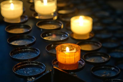 Close-up of lit candle in dark room