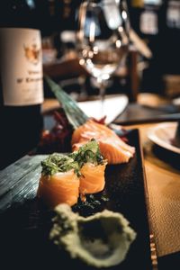 Close-up of food served on table