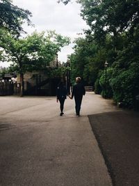 Rear view of people walking on road