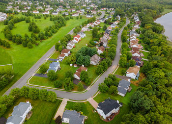 High angle view of trees and buildings in city