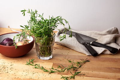 Rosemary with vegetables and knives on table