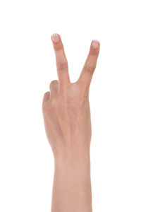 Close-up of human hand against white background