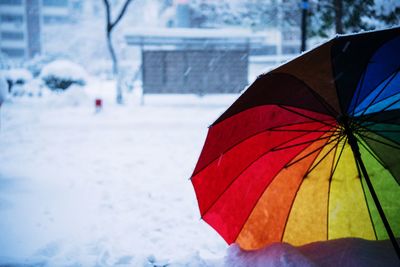 Close-up of umbrella on snow