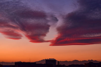 Silhouette buildings against dramatic sky during sunset