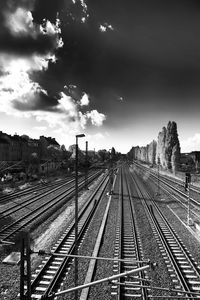 Train on railroad tracks against sky