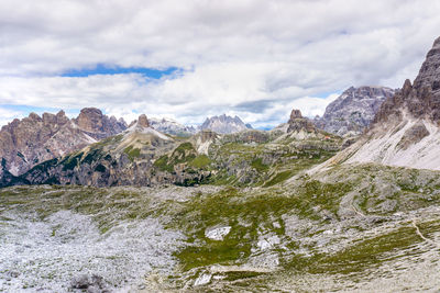 Scenic view of mountains against cloudy sky