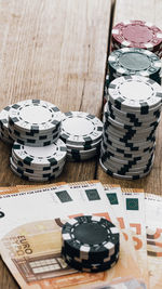 Close-up of coins on table