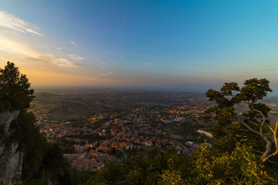 High angle view of townscape against sky at sunset