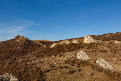 Scenic view of rocky mountains against blue sky