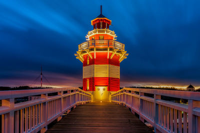 Illuminated building against sky at dusk