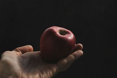 Close-up of hand holding apple against black background