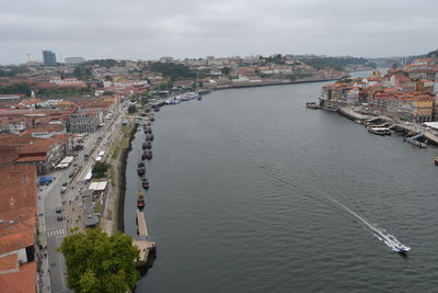 High angle view of river amidst buildings in city