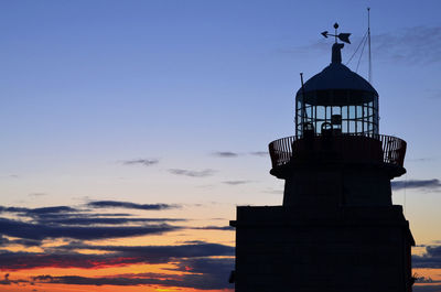 Low angle view of silhouette lighthouse against cloudy sky during sunset