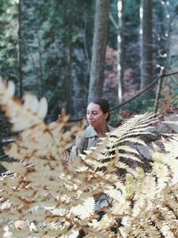 Woman looking at tree in forest