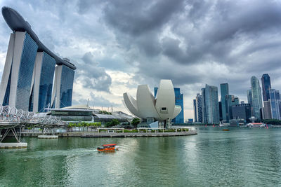 View of city buildings against cloudy sky