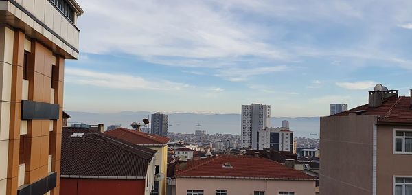 High angle view of buildings in city against sky