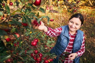 Portrait of young woman picking fruit on tree