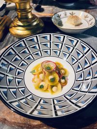 High angle view of food in plate on table