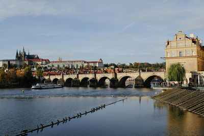 Bridge over river against buildings in city