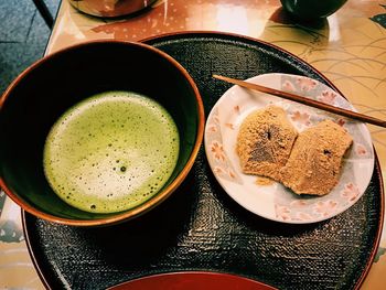 High angle view of food in plate on table