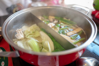 High angle view of soup in bowl on table