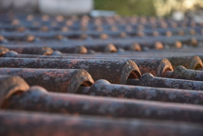 Close-up of rusty metal on railroad track