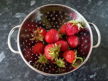 High angle view of strawberries in bowl